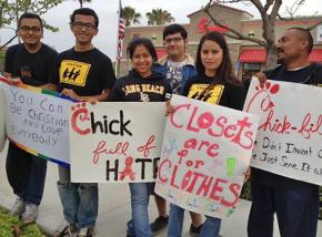 Opponents of anti-LGBT bigotry protested at Chick-Fil-A restaurants