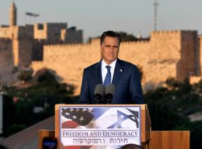 Mitt Romney at a press conference in Jerusalem
