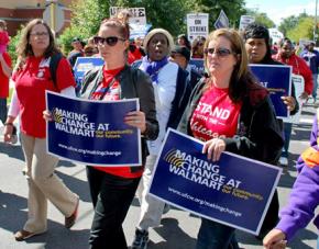 Chicago teachers and supporters march in solidarity with Wal-Mart warehouse workers in Elwood, Ill.