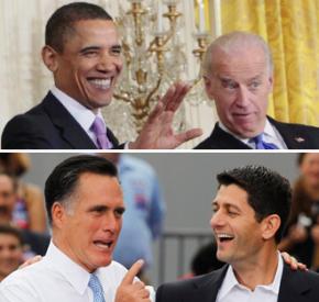 Barack Obama and Joe Biden; Mitt Romney and Paul Ryan