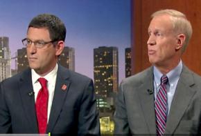 Jesse Sharkey (left) and Bruce Rauner during their debate on Chicago Tonight