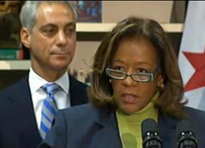 Chicago Public Schools CEO Barbara Byrd-Bennett speaks as Mayor Rahm Emanuel looks on