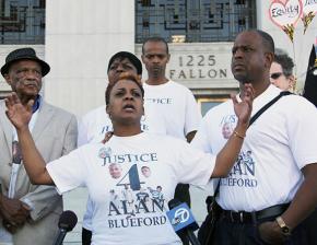 Alan Blueford's family and supporters at a protest outside the Alameda County Courthouse