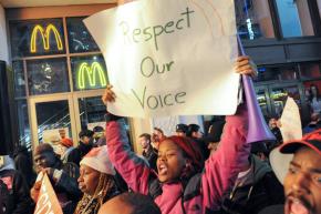McDonalds workers rally with supporters outside a restaurant near Times Square