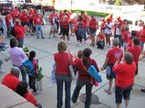 Teachers, parents and supporters gathered outside Gale Elementary during the Chicago Teachers Union strike