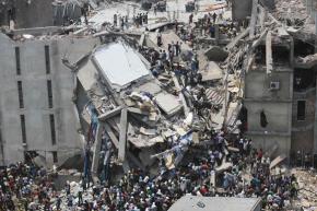 The collapsed eight-story factory building where hundreds of people died