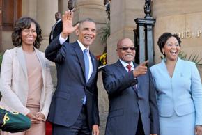 Left to right, Michelle and Barack Obama with South African President Jacob Zuma and his wife Tobeak Madiba
