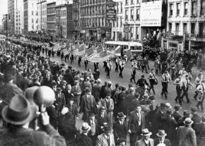 U.S. fascists in the German American Bund parading through New York City in 1939