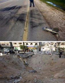Above: Aftermath of a Gaza rocket attack on Israel that left none dead, none injured and no infrastructure damage; below: Aftermath of an Israeli missile attack on Gaza that left 42 dead, 69 injured and a residential area obliterated