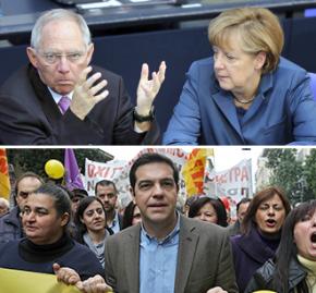 Above, left to right: German Finance Minister Wolfgang Schäuble and Chancellor Angela Merkel; below: Alexis Tsipras at SYRIZA demonstration
