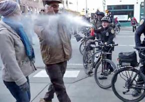 A Seattle police officer douses Jesse Hagopian (on phone) with pepper spray at point-blank range