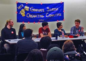 Members of GSOC and their supporters speak out at a campus forum