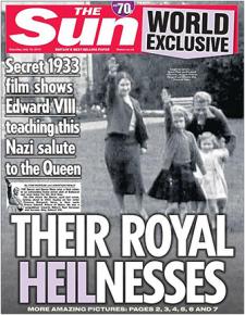 The Sun newspaper cover showing a 7-year-old Queen Elizabeth giving the Nazi salute.