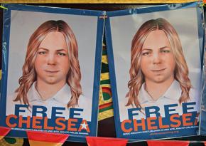 A banner for Chelsea Manning at the San Francisco Pride Parada