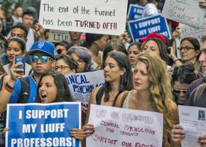 Students at Long Island University protest the administration's lockout of the faculty