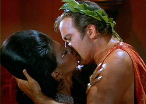 Uhura and Kirk during the classic Star Trek episode "Plato's Stepchildren"