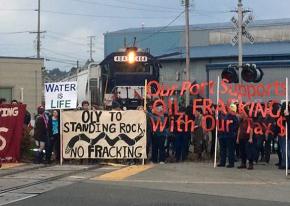 Protesters in Olympia, Washington, blockade a train bound for North Dakota with fracking materials