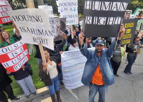Demonstrators speak out for an affordable housing ordinance