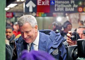 New York City Mayor Bill De Blasio tours the subway in Brooklyn