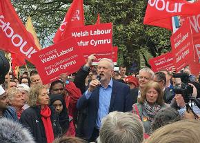 British Labour Party leader Jeremy Corbyn addresses a rally in Cardiff