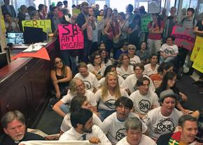 A May Day sit-in at Gov. Greg Abbott's office against the SB 4 hate bill