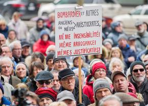 Protesters in Montreal rally against the theft of public money by aerospace corporation Bombardier
