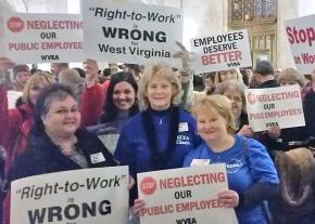 Public school teachers rally against "right to work" legislation in West Virginia