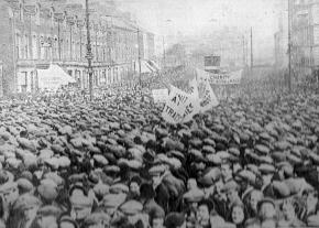 Workers pour into the streets of Belfast during the Outdoor Relief strike of 1932