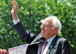 Senator Bernie Sanders greets supporters at a rally for single-payer health care