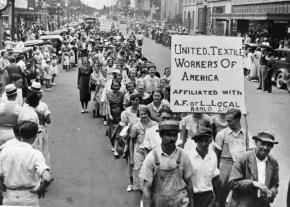 Striking textile workers march in Gastonia, North Carolina, during the Great Depression