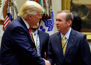 Trump greets Office of Management and Budget Director Mick Mulvaney at the White House