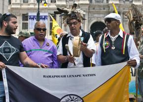 Members of the Ramapough Lenape Nation march against the Pilgrim Pipeline