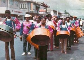 Steel pan musicians march in Port of Spain, Trinidad