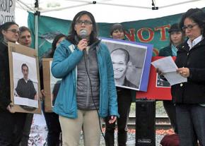 Maru Mora-Villalpando speaks at a protest outside the Northwest Detention Center