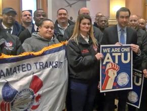 Amalgamated Transit Union members at a Transit Equity Day event unveiling a local initiative in Jersey City