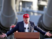 Donald Trump speaks on board the USS Gerald R. Ford in Norfolk, Virginia