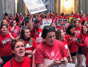 Kentucky teachers and students rallying in the Capitol building