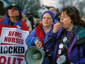 Donna Stern (right) speaks to nurses after the lockout at Baystate Franklin Medical Center