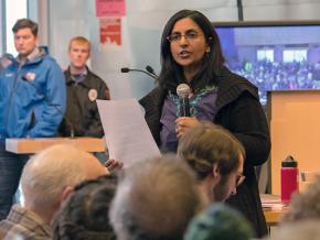 Seattle City Council member and socialist Kshama Sawant addresses a town hall on affordable housing